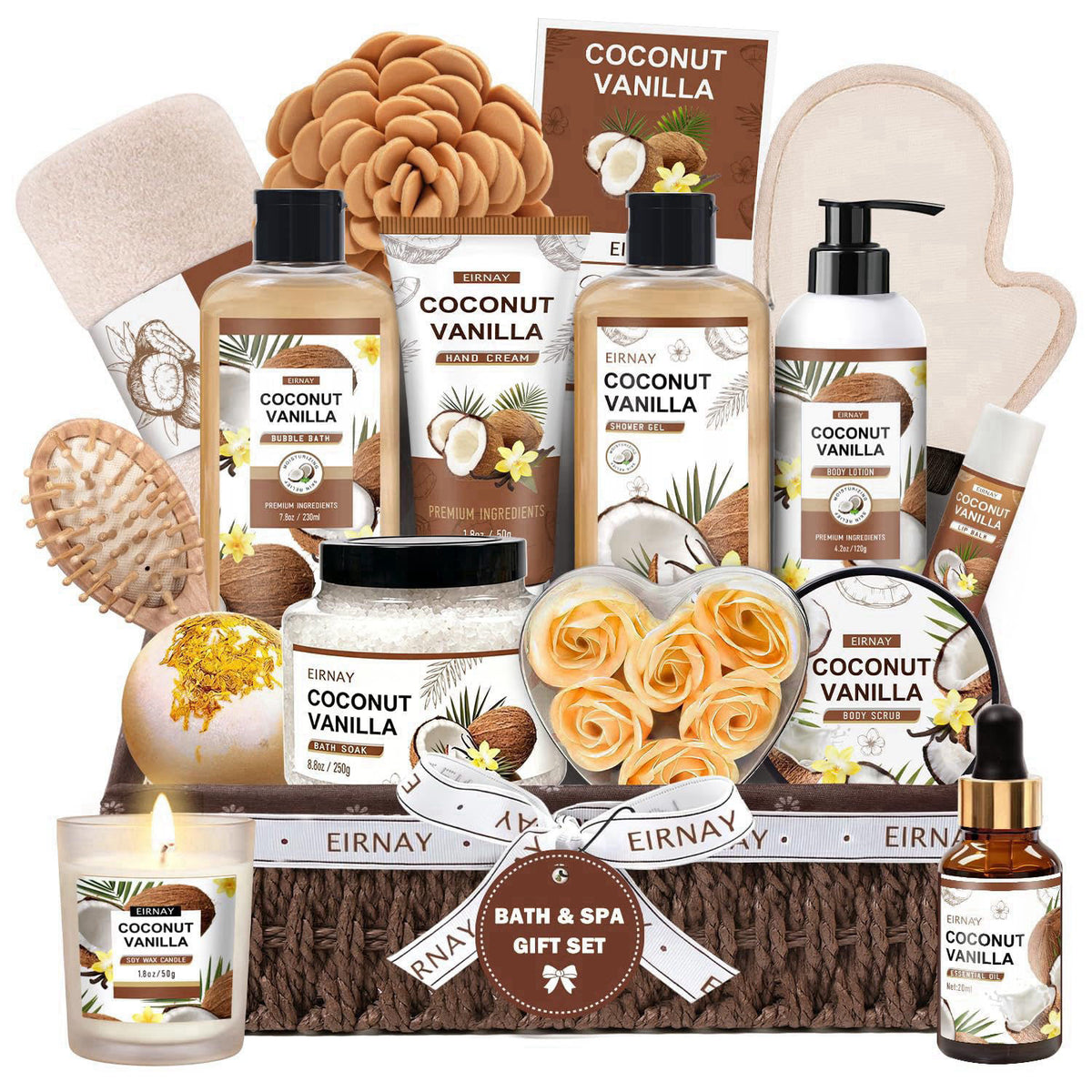 EIRNAY Gifts For Women - 16 PCS Birthday Gift Basket for Women Set of Coconut Vanilla Self Pampering Set, Includes Luxur