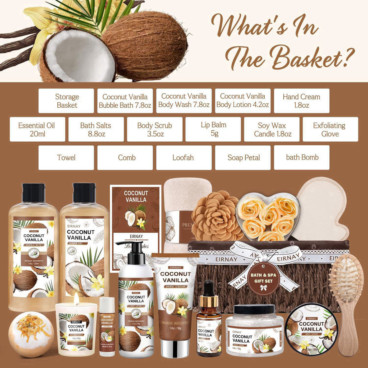 EIRNAY Gifts For Women - 16 PCS Birthday Gift Basket for Women Set of Coconut Vanilla Self Pampering Set, Includes Luxur