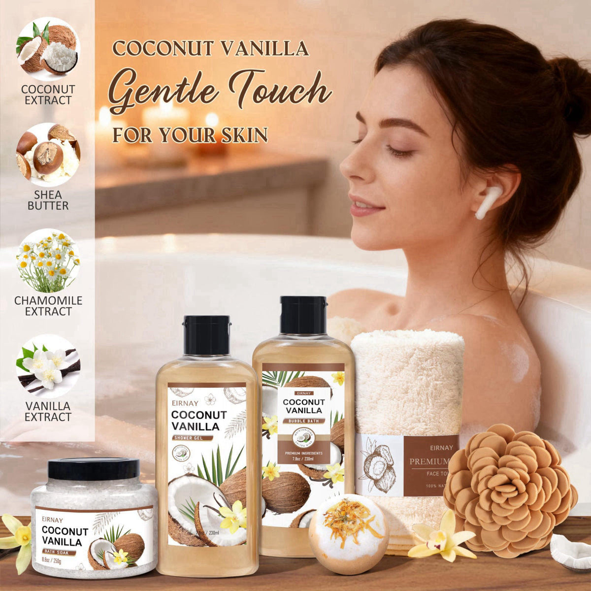 EIRNAY Gifts For Women - 16 PCS Birthday Gift Basket for Women Set of Coconut Vanilla Self Pampering Set, Includes Luxur