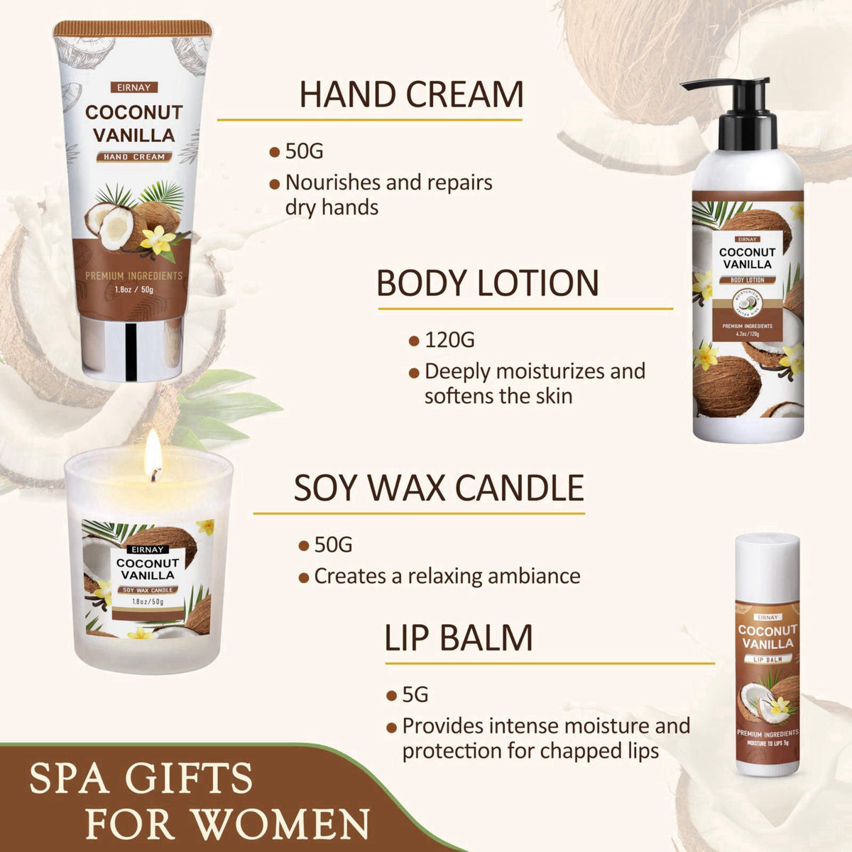 EIRNAY Gifts For Women - 16 PCS Birthday Gift Basket for Women Set of Coconut Vanilla Self Pampering Set, Includes Luxur