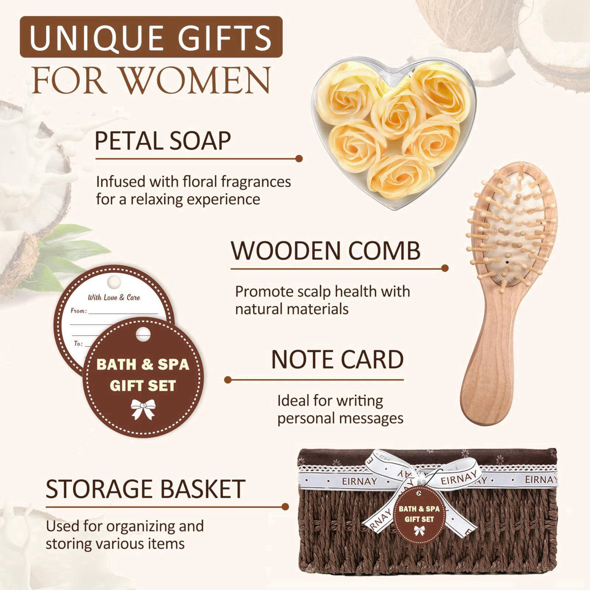 EIRNAY Gifts For Women - 16 PCS Birthday Gift Basket for Women Set of Coconut Vanilla Self Pampering Set, Includes Luxur