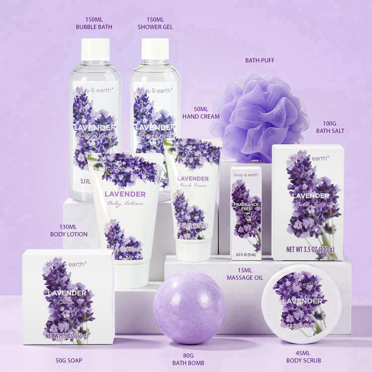 BODY & EARTH Spa Gift Baskets for Women 11pcs Lavender Gift Sets with Bubble Bath, Shower Gel, Body Lotion, Mom Birthday