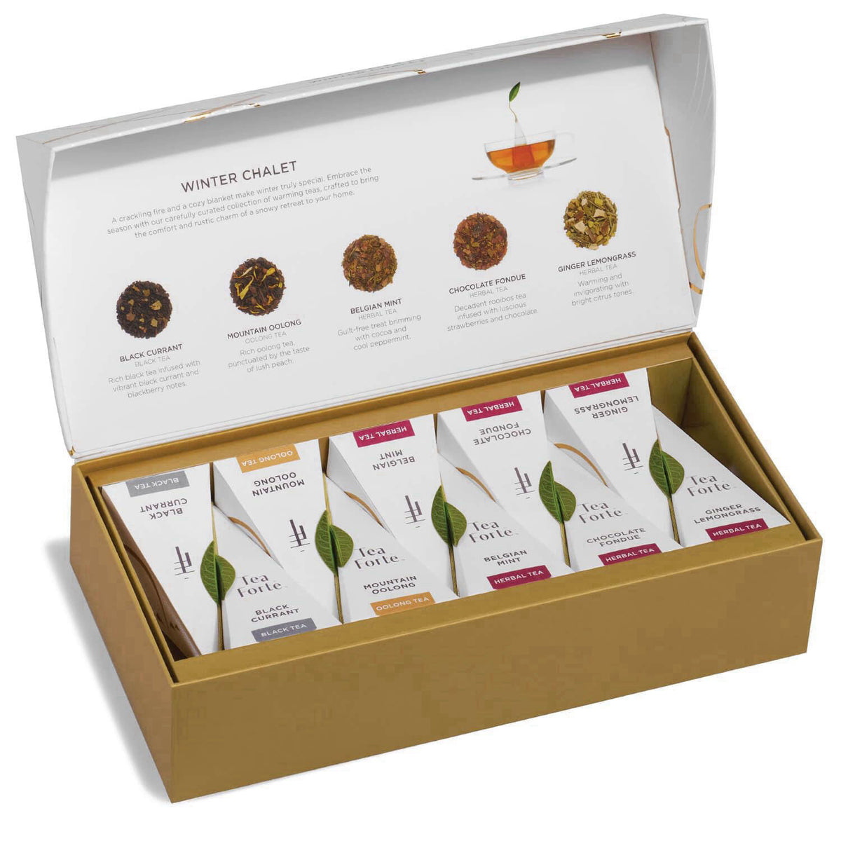 Tea Forte Tea Sampler, 10 Pyramid Infuser Bags, Premium Tea Gift Set – packaging and label