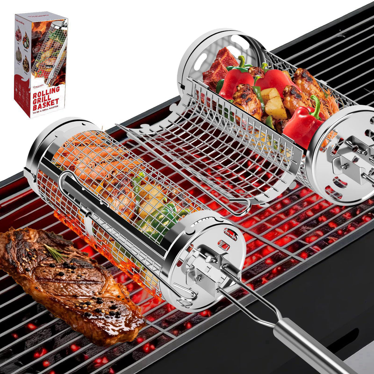 Chenovate Rolling Grill Baskets,Grill Accessories for Veggies,Gifts for Men-2 Pack