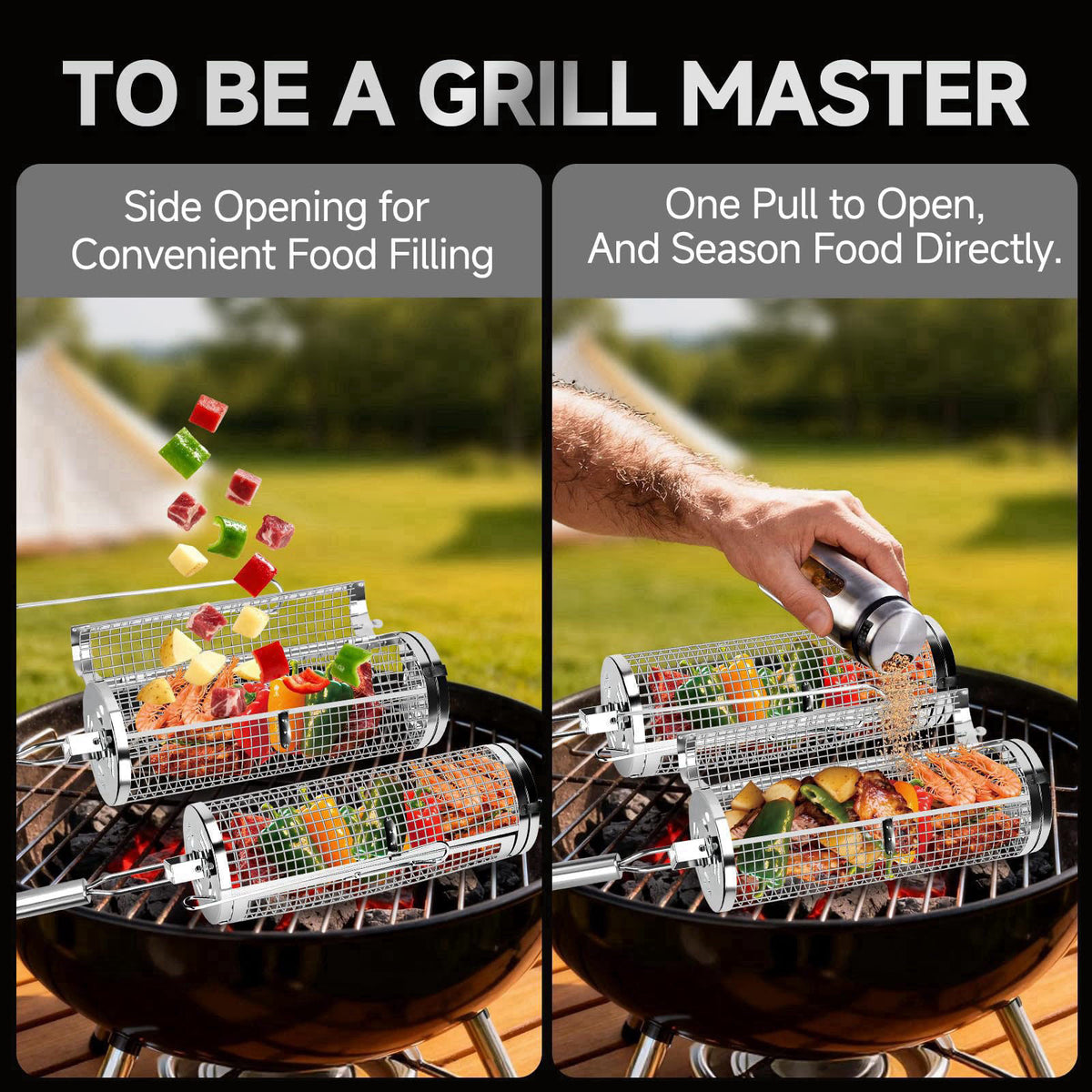 Chenovate Rolling Grill Baskets,Grill Accessories for Veggies,Gifts for Men-2 Pack – back view and specifications