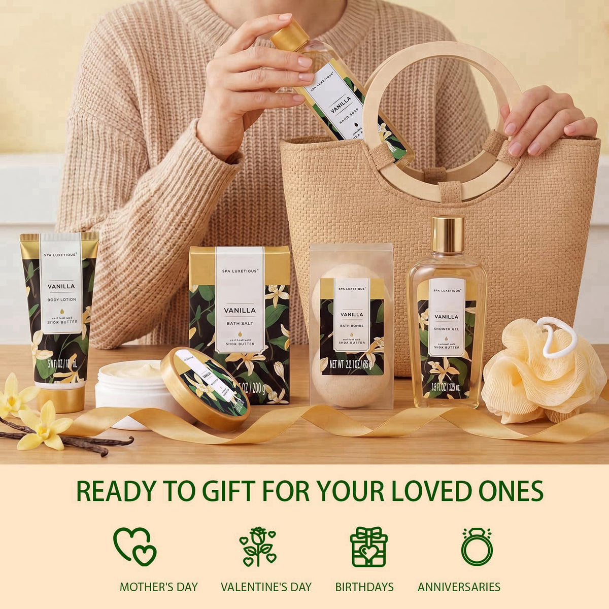 spa luxetique Bath Sets for Women Gift - 10PCS Vanilla Scent Spa Kit, Spa Gift Baskets for Her Birthday, Christmas Gifts