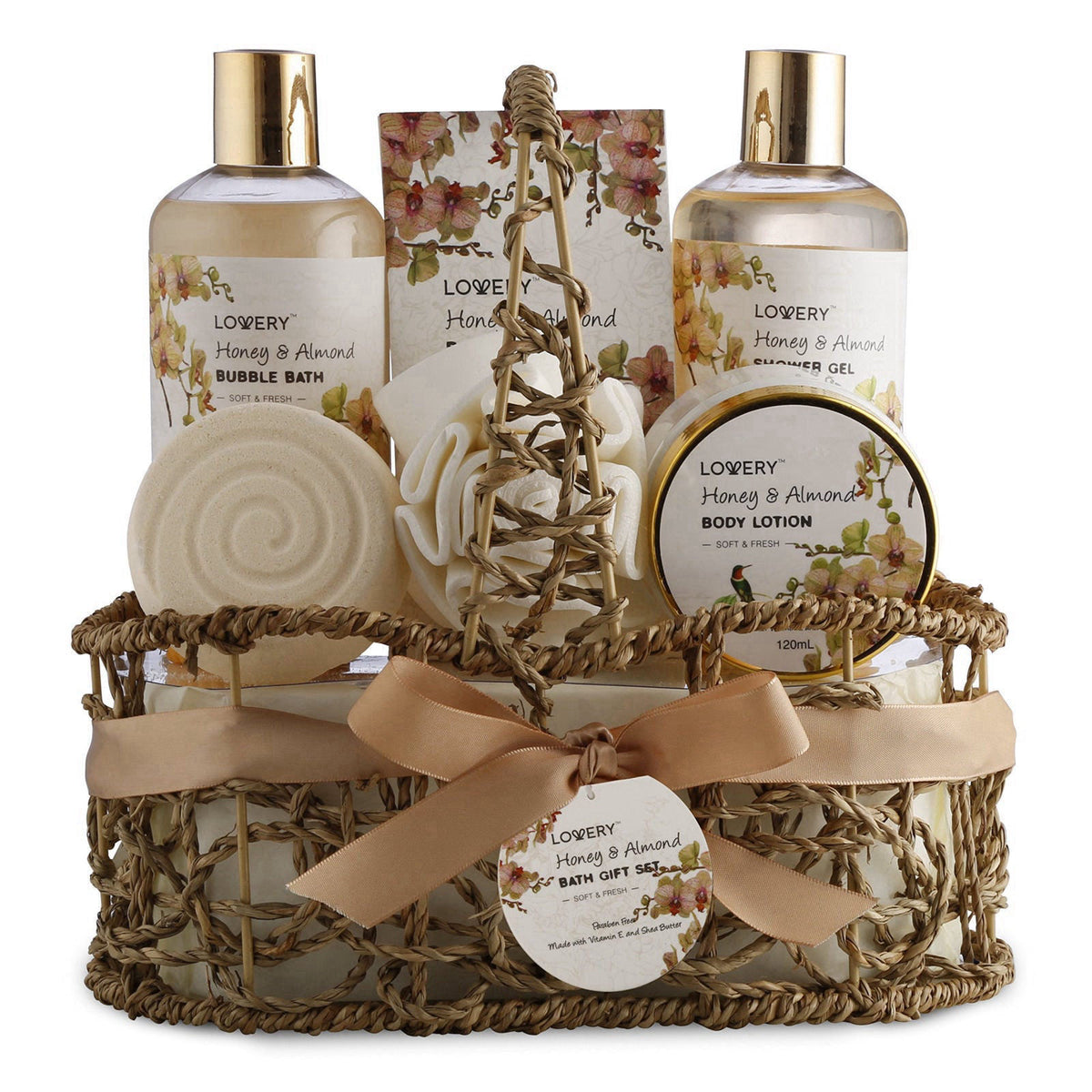 LOVERY Womens Gifts, Gift Baskets for Women Who Have Everything, Home Spa Honey & Almond Scent, Luxury Bath & Body Set -