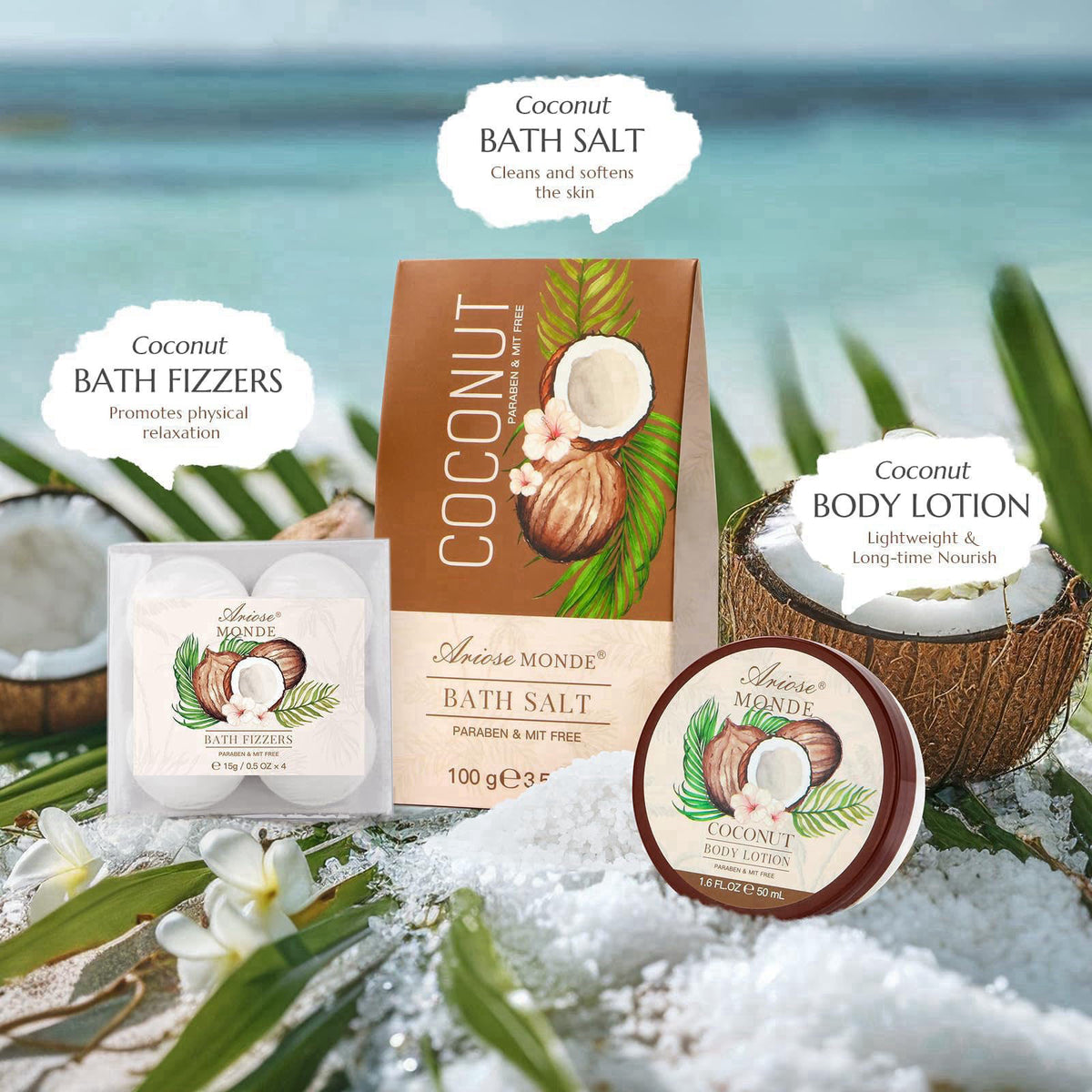 ArioseMonde Gift Baskets for Women, 9pcs Coconut Bath Set Spa Self Care Gift Basket – packaging and label