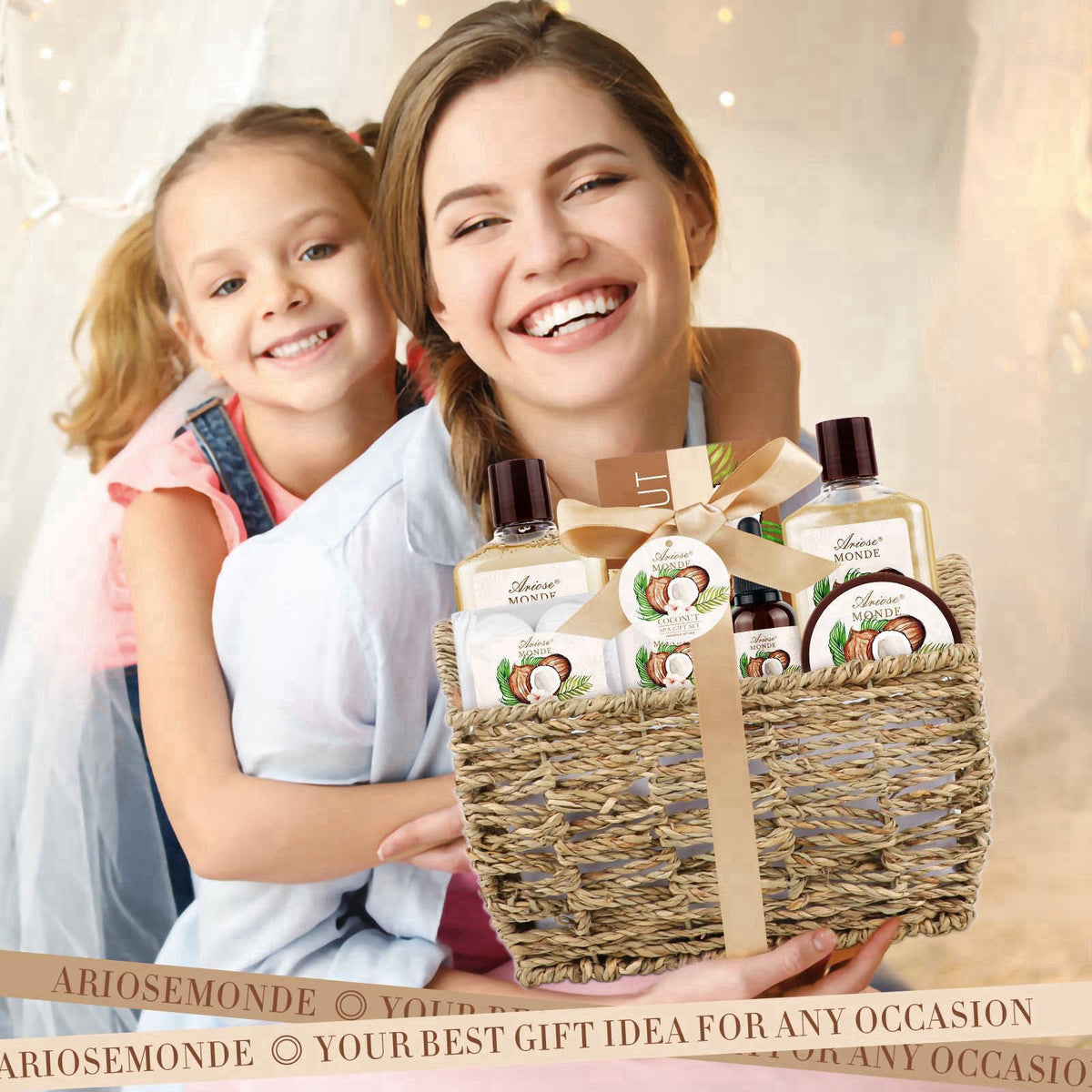 ArioseMonde Gift Baskets for Women, 9pcs Coconut Bath Set Spa Self Care Gift Basket – alternate angle