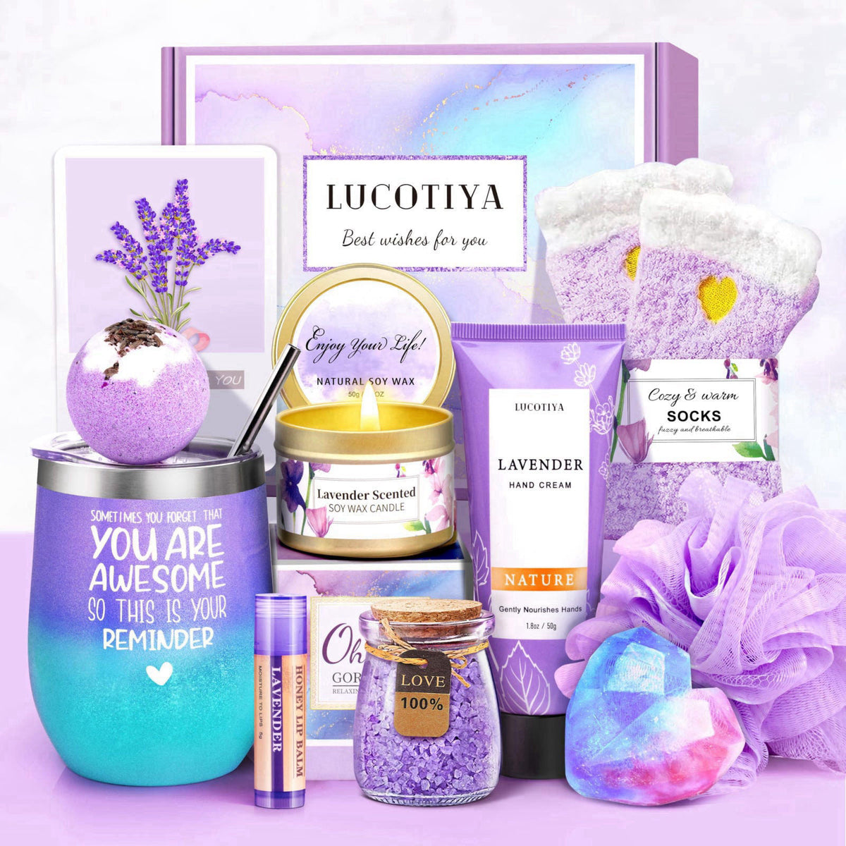 LUCOTIYA Gifts for Women, Mothers Day Gift Basket for Woman Birthday Wine Tumbler Self Care Package for Mom, Bestie, Her