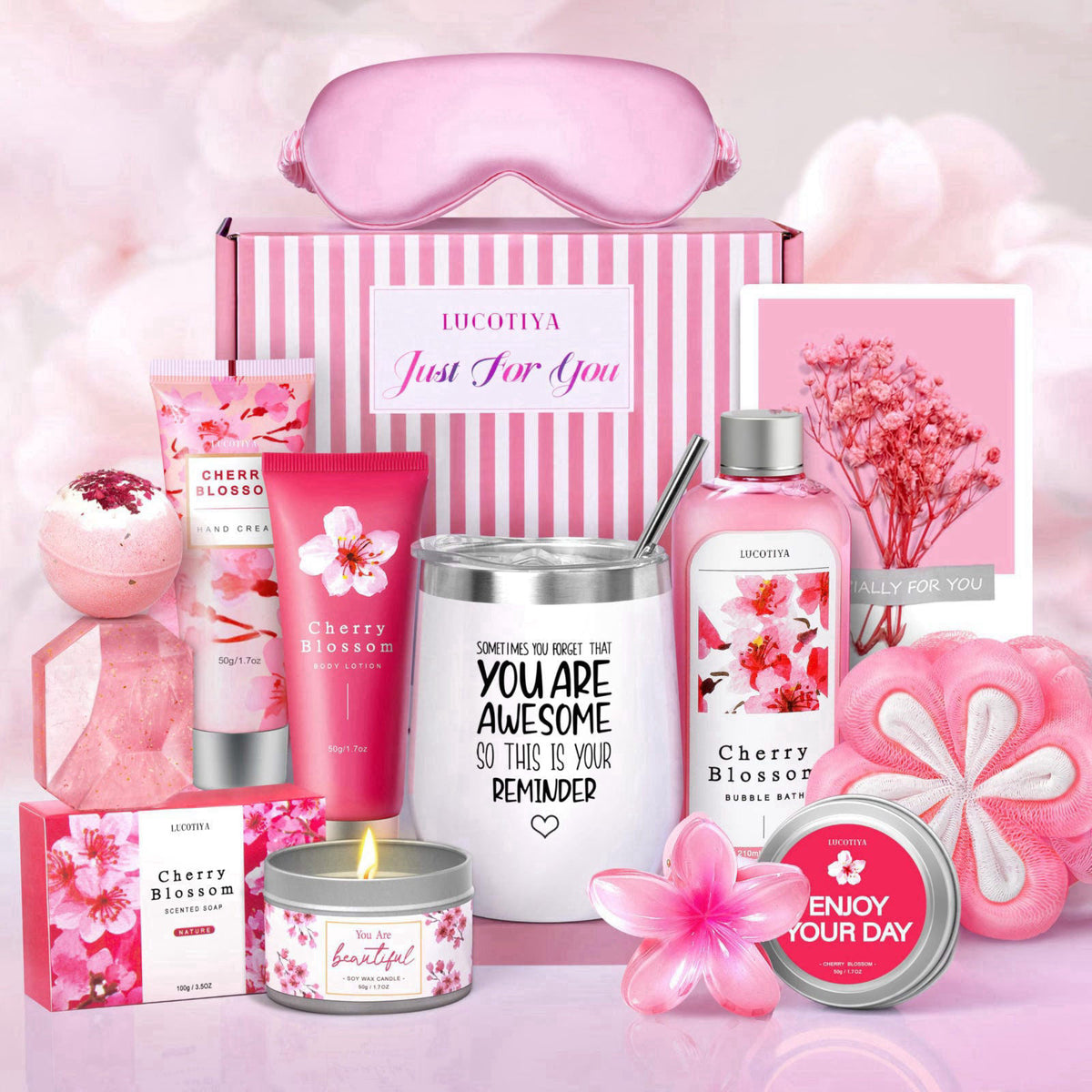 LUCOTIYA Gifts for Women Birthday Spa Gifts Set- 10 Pcs Christmas Valentine's Mother's Day Gift and Cherry Blossoms Self