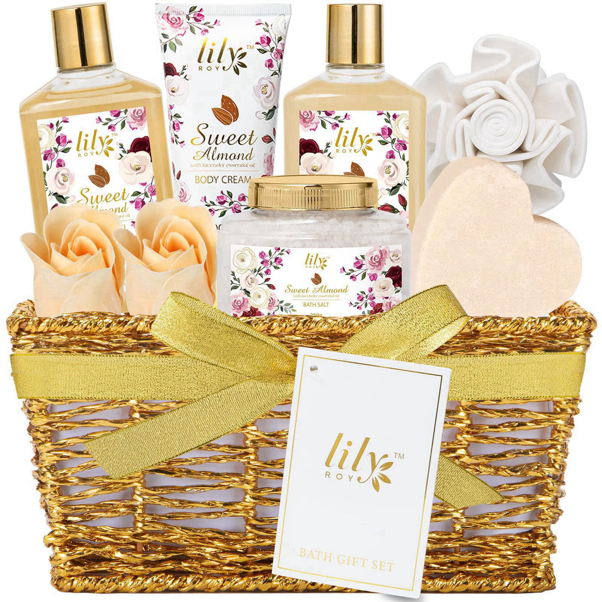 LILY ROY 9Pcs Moisturizing Almond Spa Kit Bath Gifts Set Spa Gift Baskets for Women – product photo (Sets &amp; Kits)