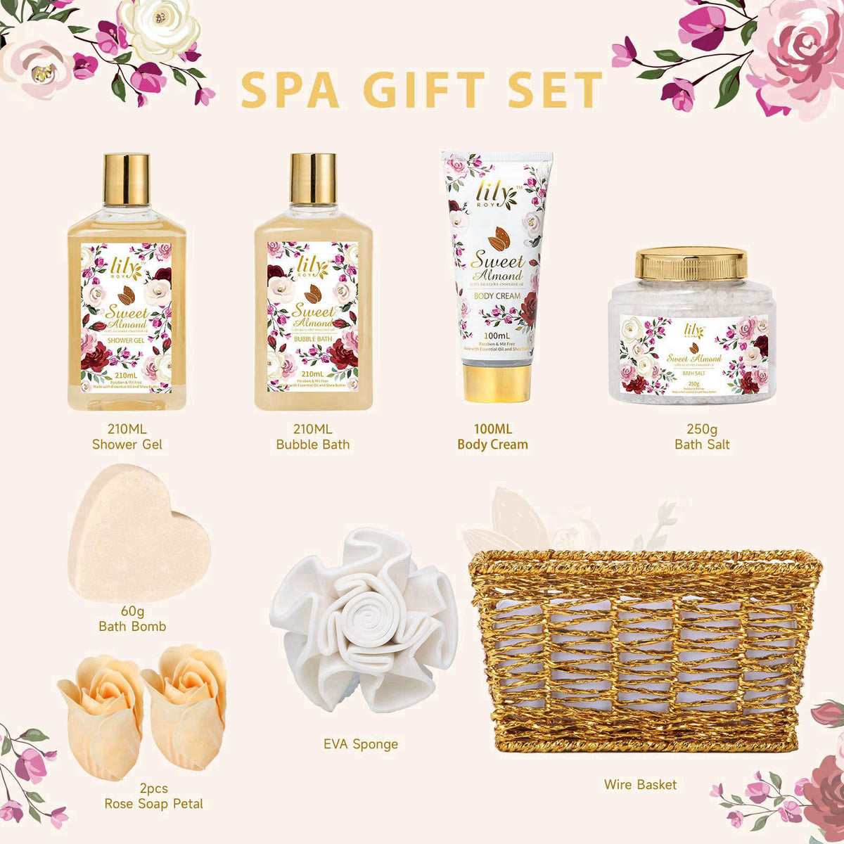 LILY ROY 9Pcs Moisturizing Almond Spa Kit Bath Gifts Set Spa Gift Baskets for Women – packaging and label