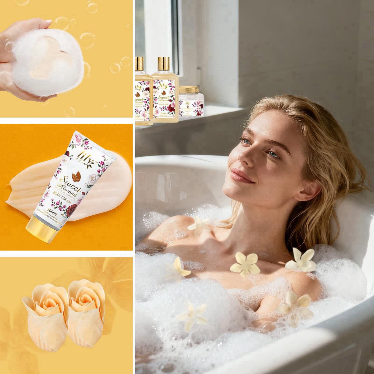 LILY ROY 9Pcs Moisturizing Almond Spa Kit Bath Gifts Set Spa Gift Baskets for Women – full view