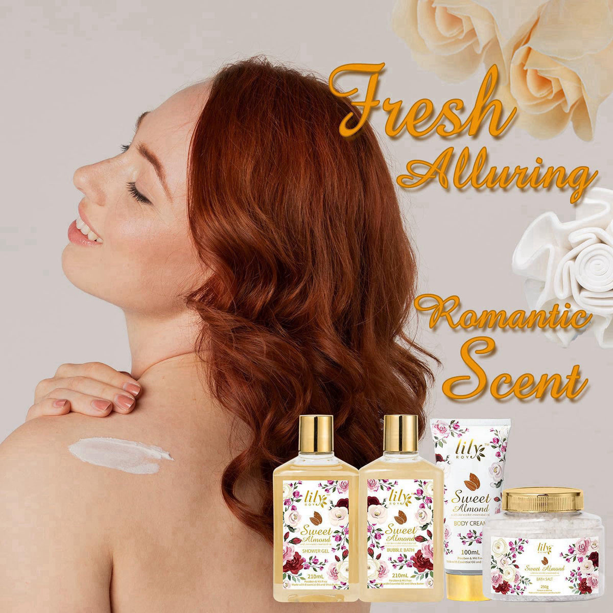 LILY ROY 9Pcs Moisturizing Almond Spa Kit Bath Gifts Set Spa Gift Baskets for Women – back view and specifications