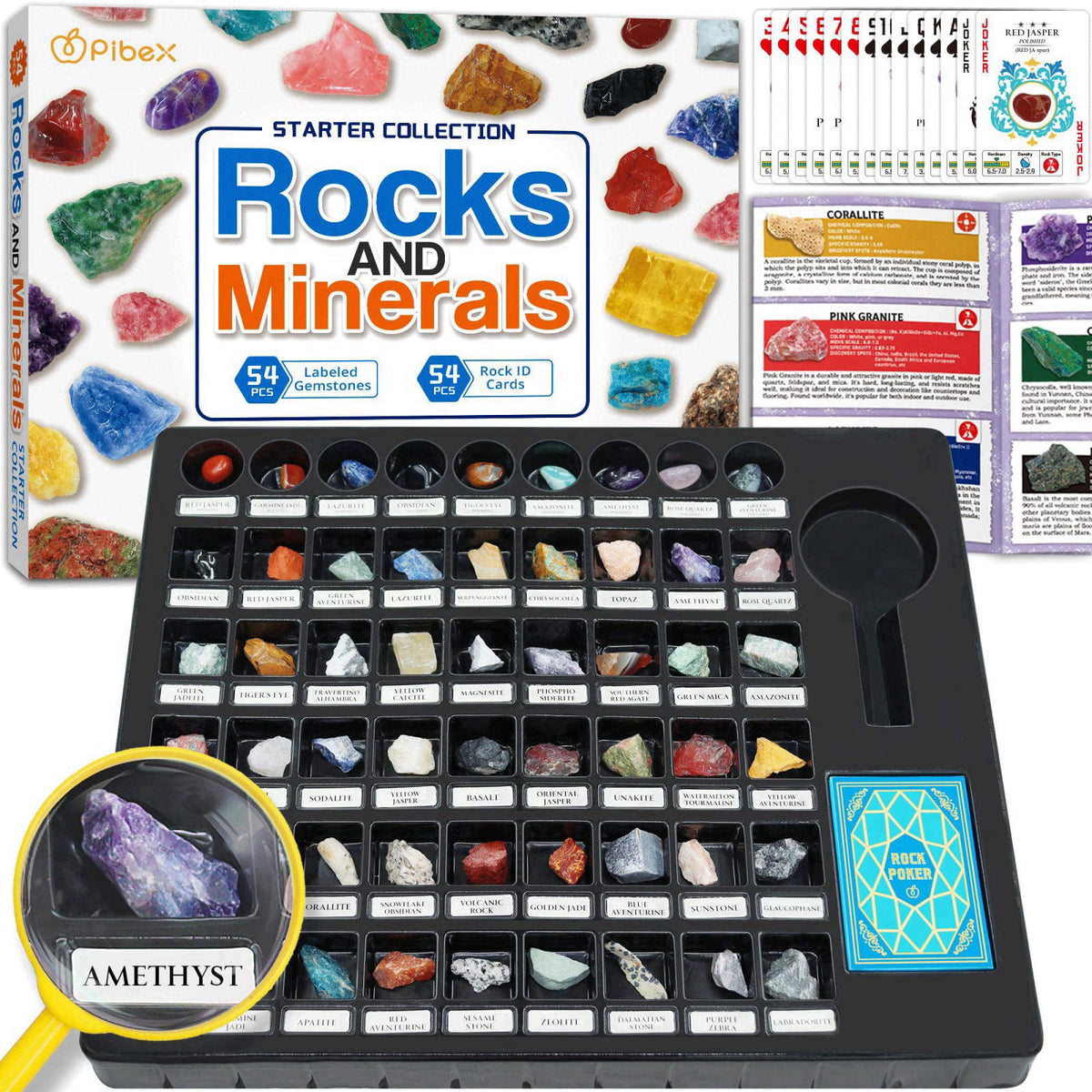 PIBEX Rock Collection Starter Kit, 54 Rocks & Minerals with Name Labels – product photo (Science Kits &amp; Toys)
