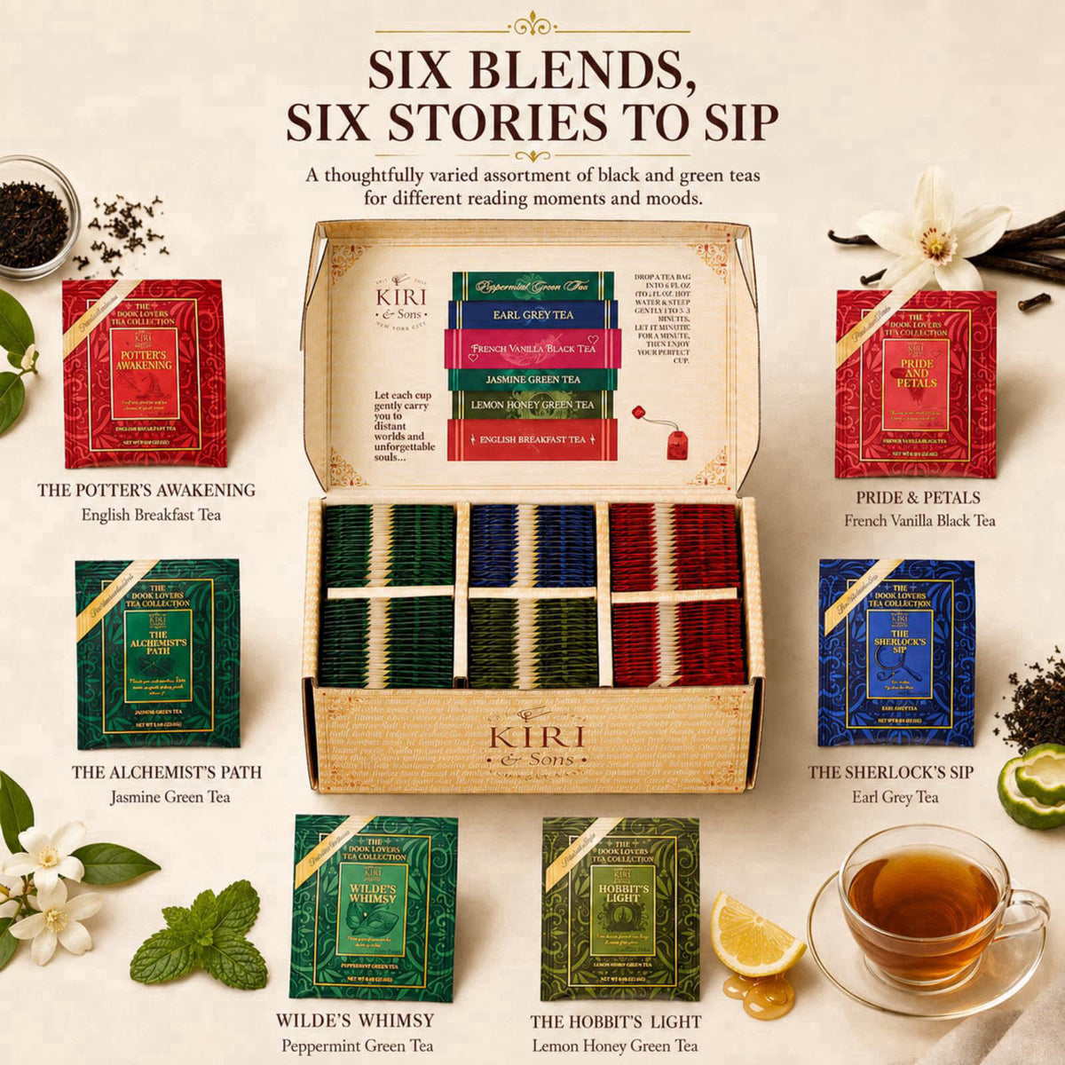 Kiri & Sons Book Lovers Tea Collection Assorted Premium Tea Bags Book-Inspired Gift Box – close-up detail