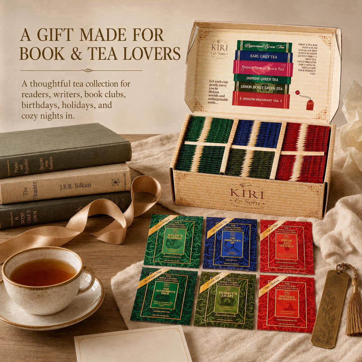 Kiri & Sons Book Lovers Tea Collection Assorted Premium Tea Bags Book-Inspired Gift Box – packaging and label