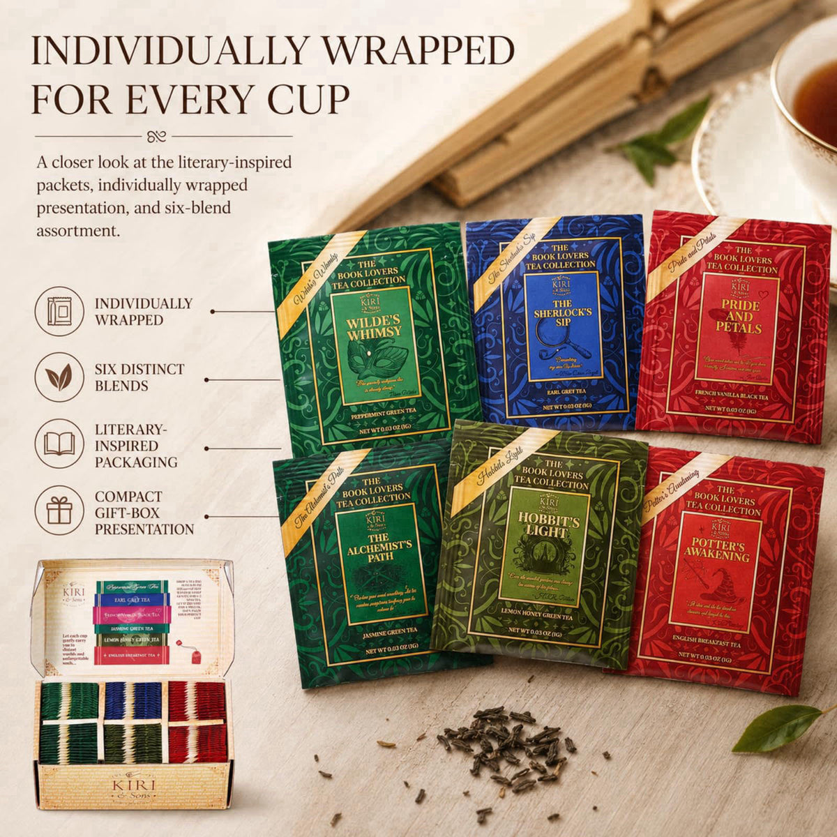 Kiri & Sons Book Lovers Tea Collection Assorted Premium Tea Bags Book-Inspired Gift Box – full view