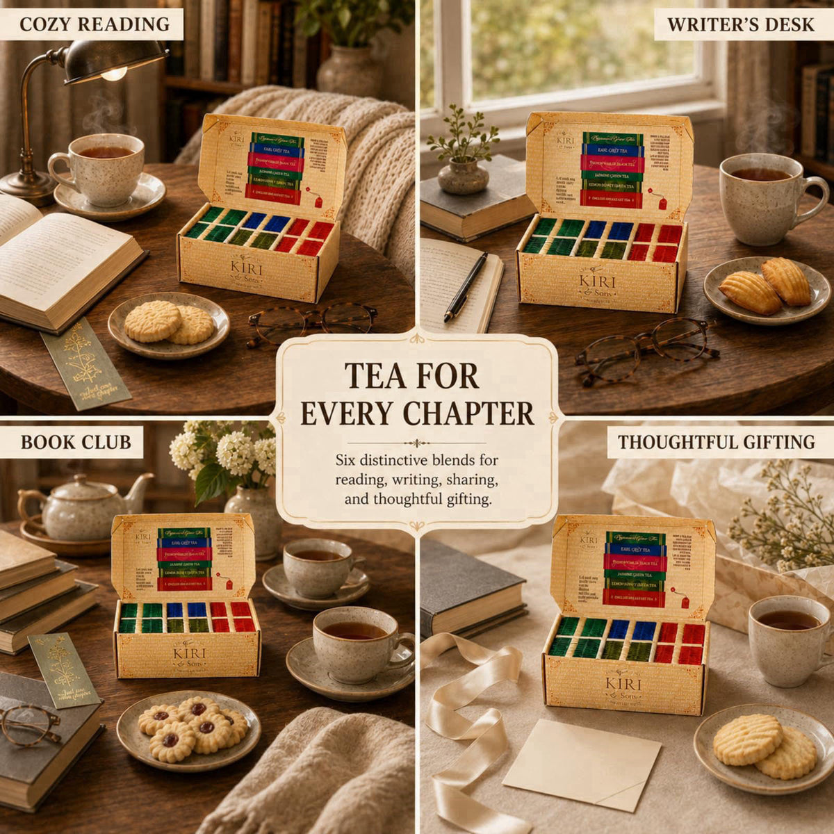 Kiri & Sons Book Lovers Tea Collection Assorted Premium Tea Bags Book-Inspired Gift Box – back view and specifications