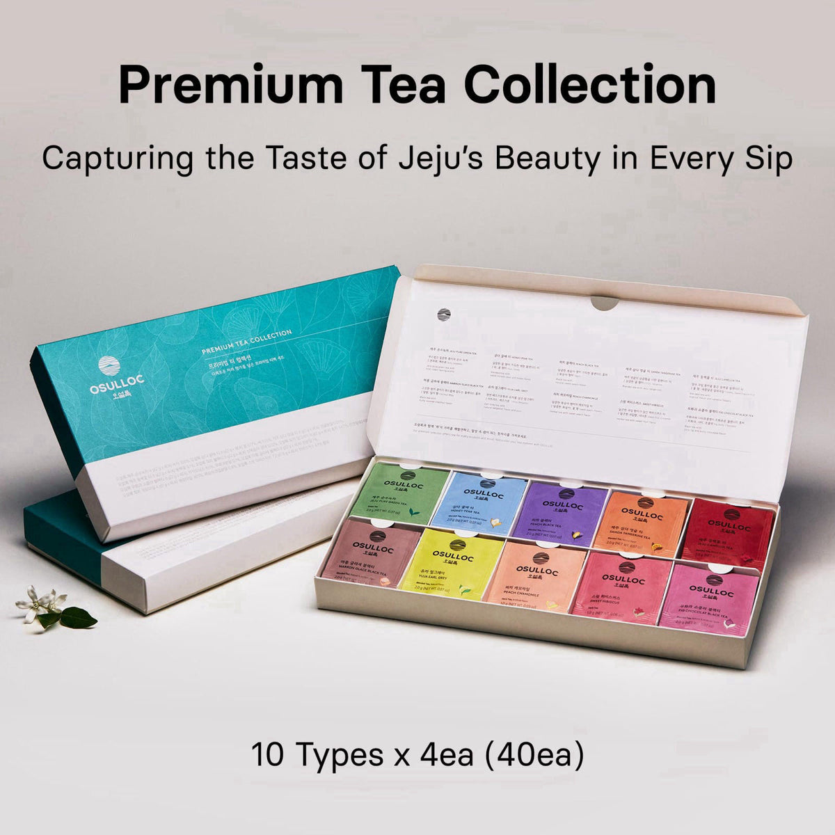 OSULLOC Premium Tea Collection (40 count, 10 flavors x 4 ea), Self Care Sampler Gift Box Variety Pack, Premium Organic P