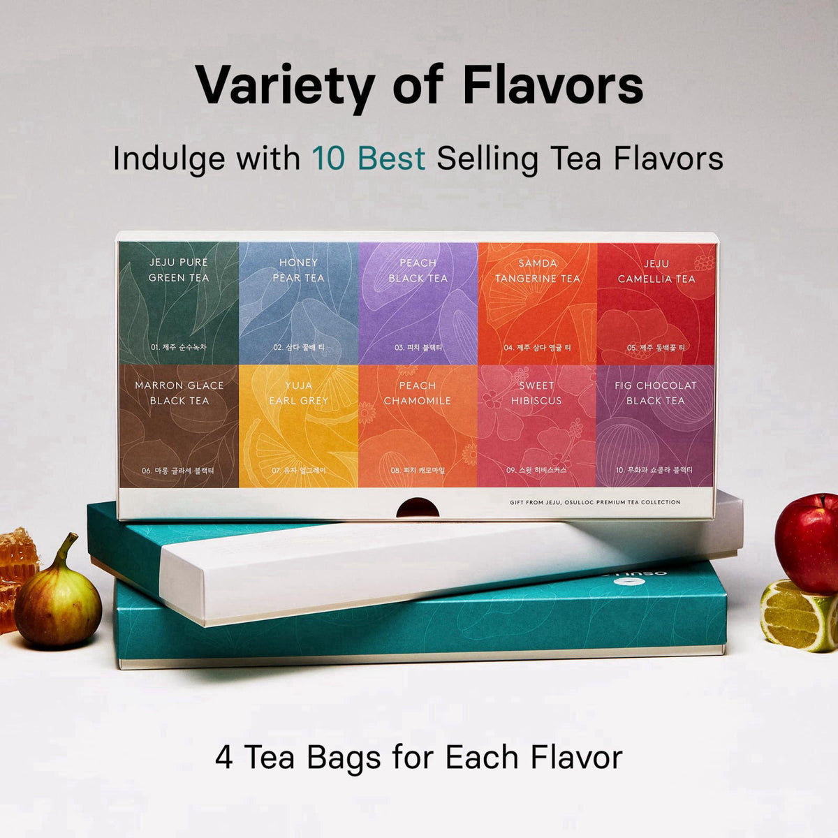 OSULLOC Premium Tea Collection (40 count, 10 flavors x 4 ea), Self Care Sampler Gift Box Variety Pack, Premium Organic P
