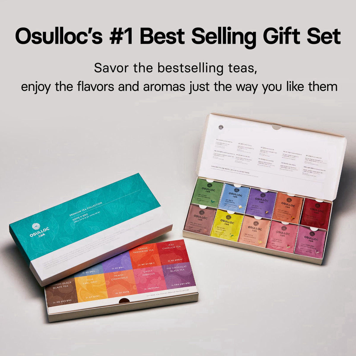 OSULLOC Premium Tea Collection (40 count, 10 flavors x 4 ea), Self Care Sampler Gift Box Variety Pack, Premium Organic P