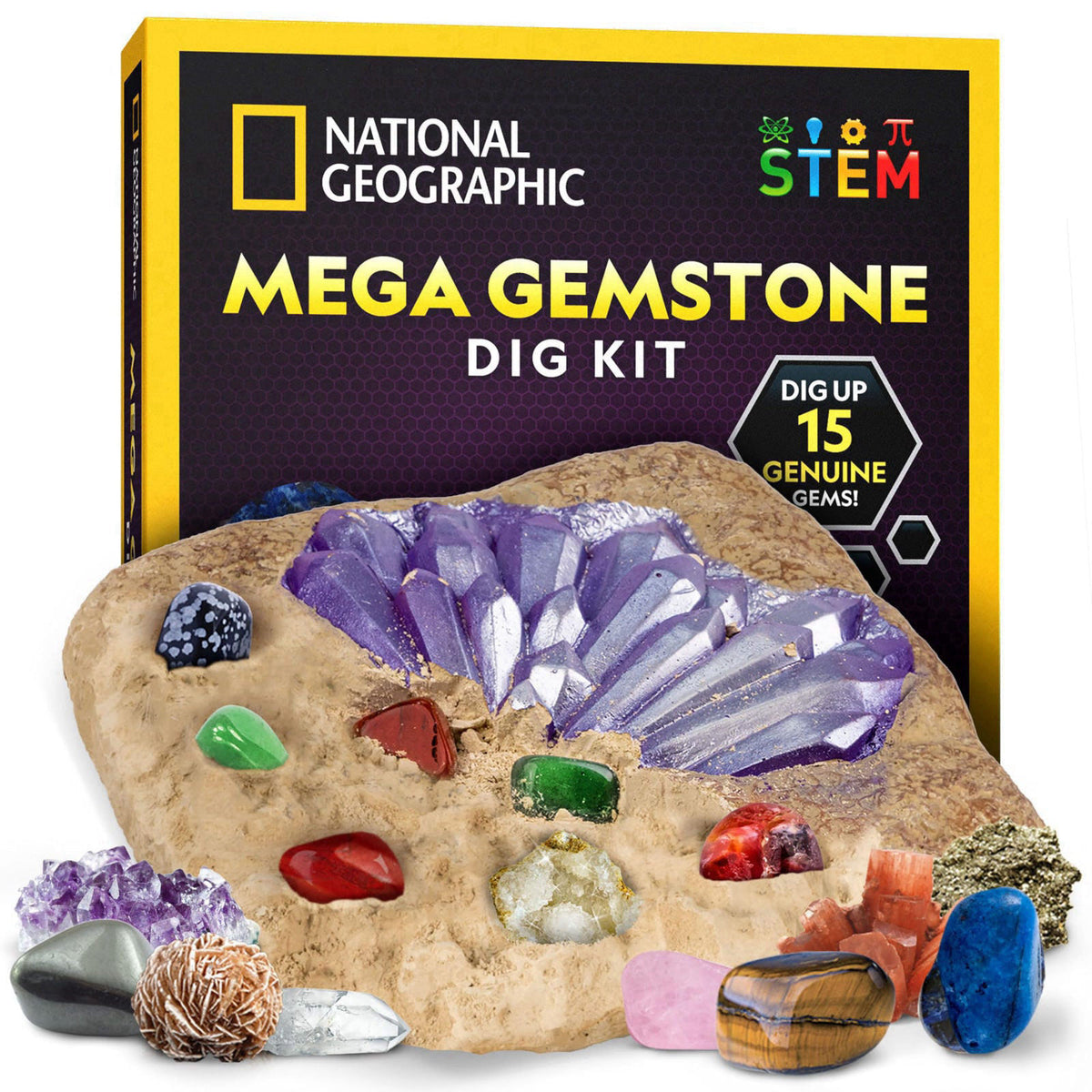 Blue Marble NATIONAL GEOGRAPHIC Mega Gemstone Dig Kit – Dig Up 15 Real Gemstones and Crystals, Science Kit for Kids, Gem