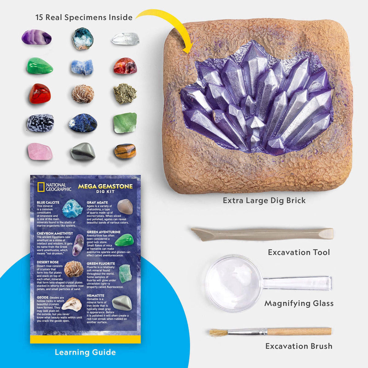 Blue Marble NATIONAL GEOGRAPHIC Mega Gemstone Dig Kit – Dig Up 15 Real Gemstones and Crystals, Science Kit for Kids, Gem