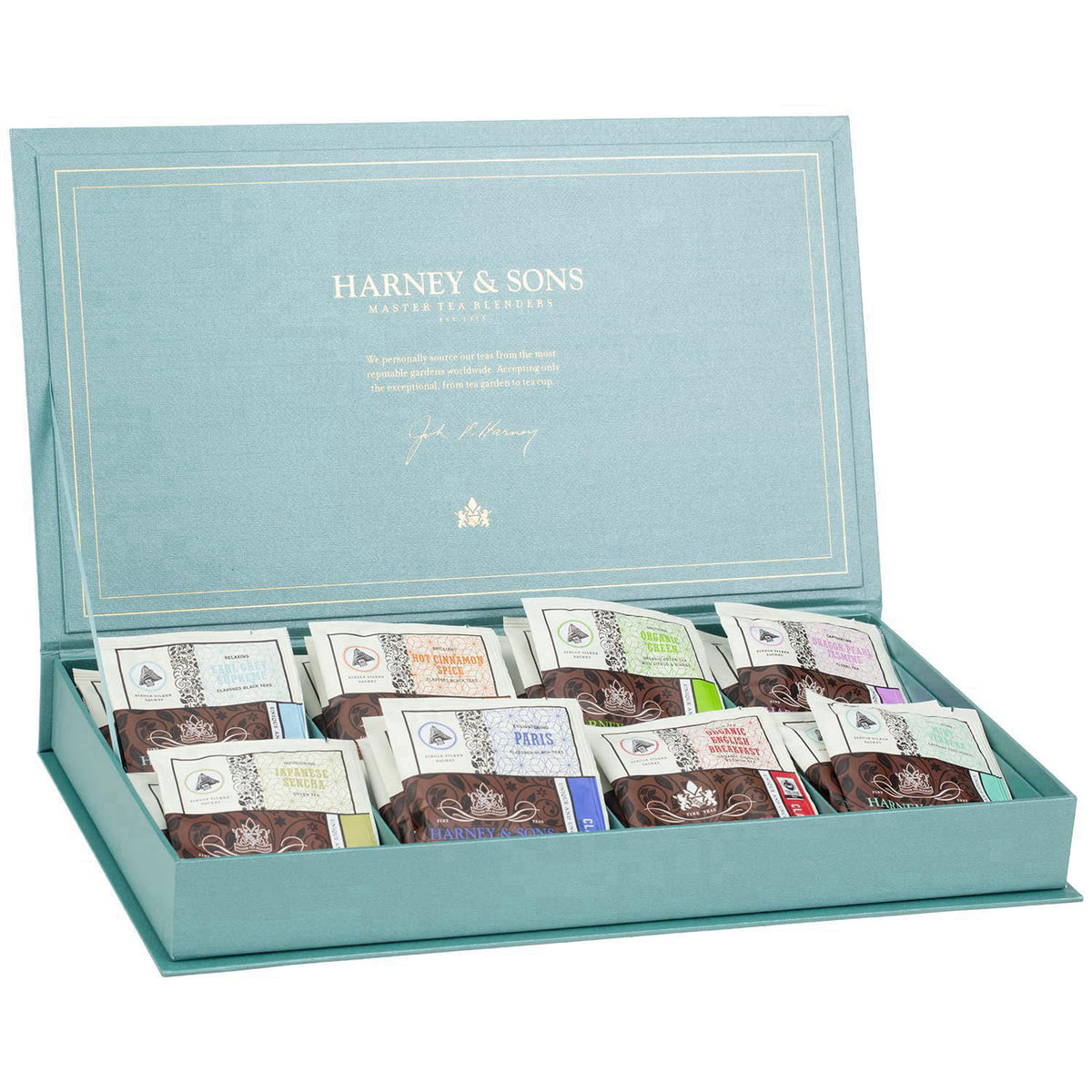 Harney & Sons Teal Tea Chest Gift, 32 Wrapped Sachets, 8 Flavors – product photo (Tea Samplers)
