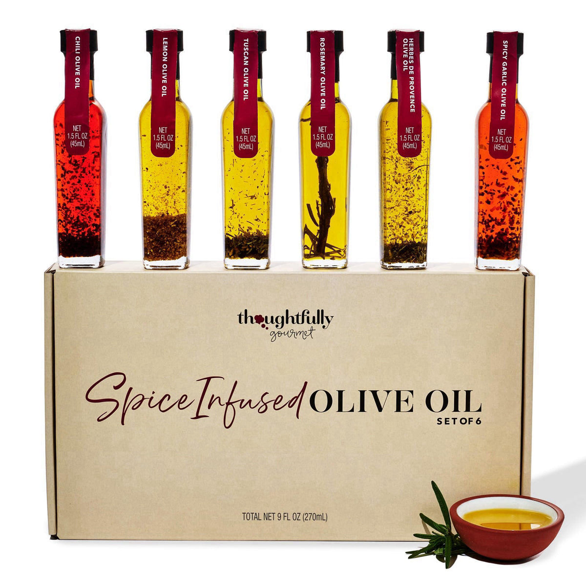Thoughtfully Spice Infused Olive Oil Gift Set, Spanish Extra Virgin Collection, Set of 6 – close-up detail