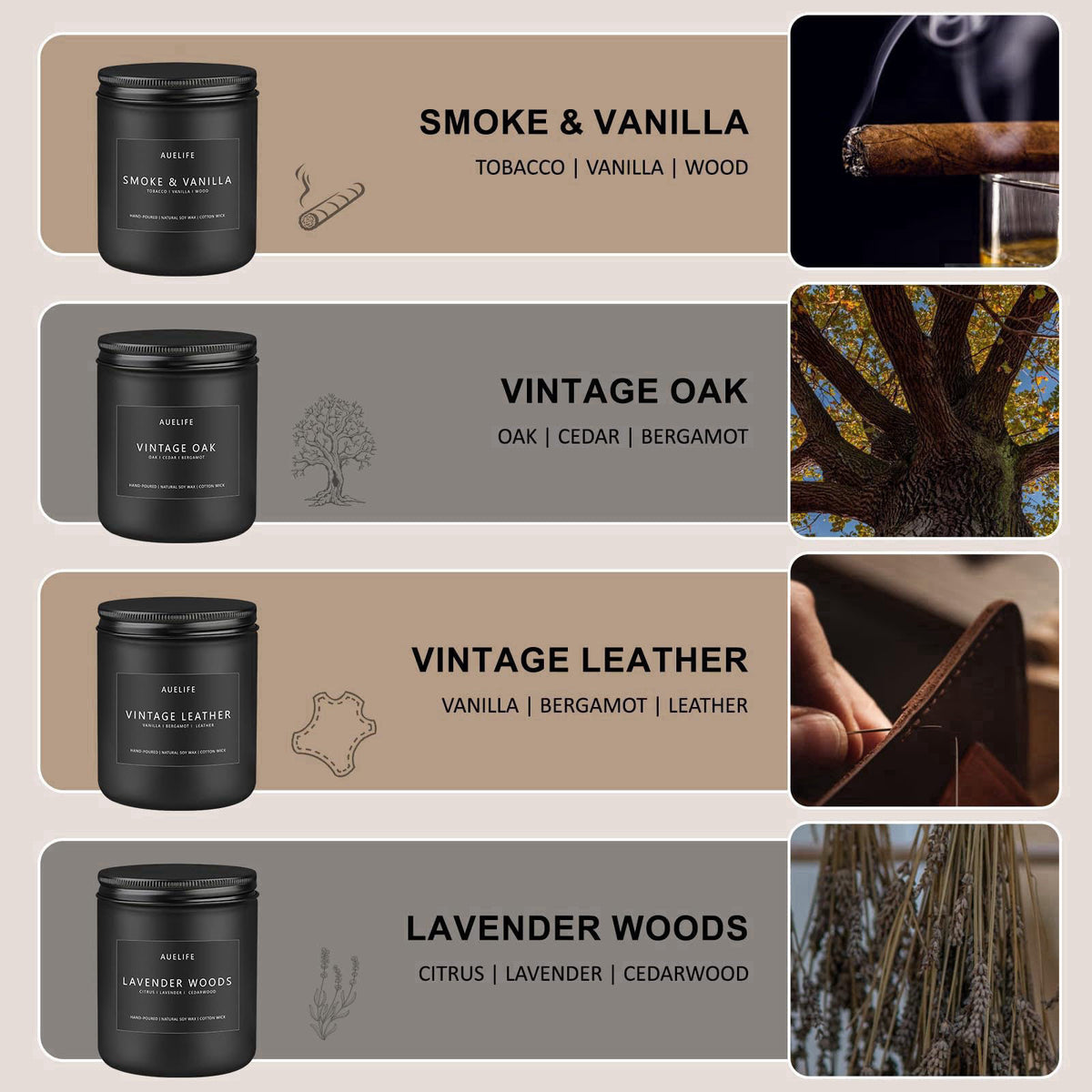 Auelife Candles for Men Gift Set, 4 Pack Soy Wax, Masculine – close-up detail in Smoke & Vanilla/Leather/Lavender/Oak