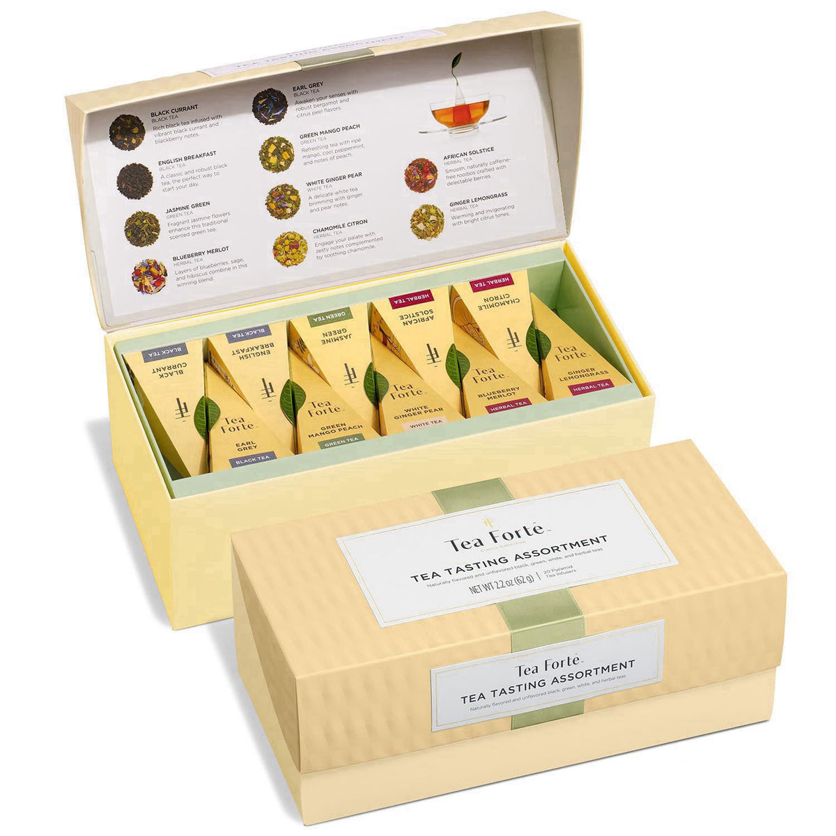 Tea Forte Tea Sampler, 20 Pyramid Infuser Bags, Premium Tea Gift Set – back view and specifications
