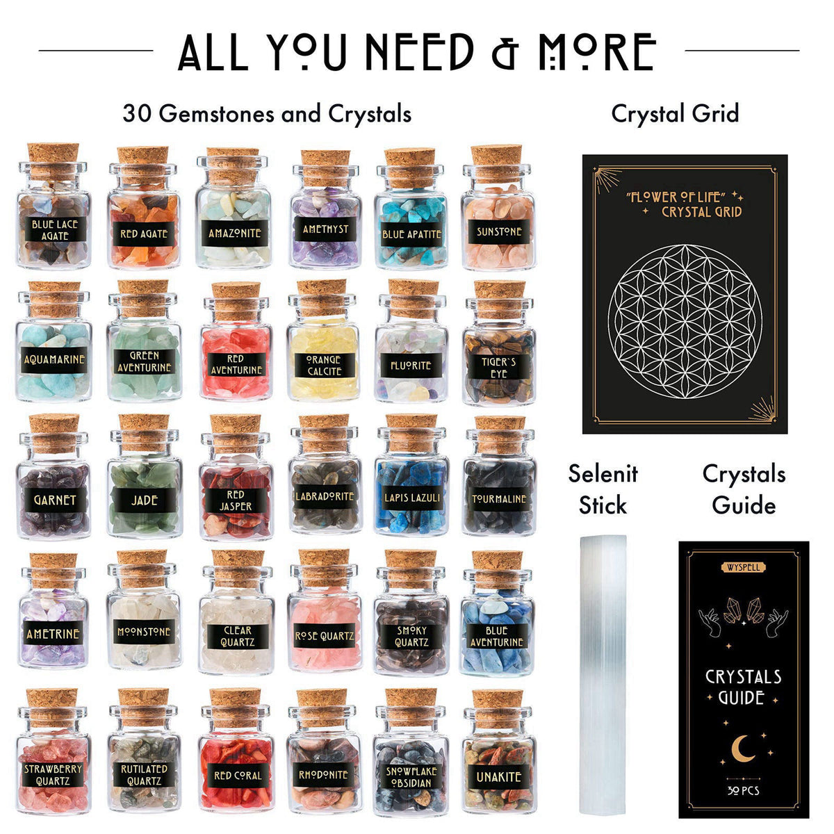 Wyspell Healing Сrystals in Spell Jars 30 PCS - Real Witchcraft Mini Gemstones – close-up detail in Green, Red