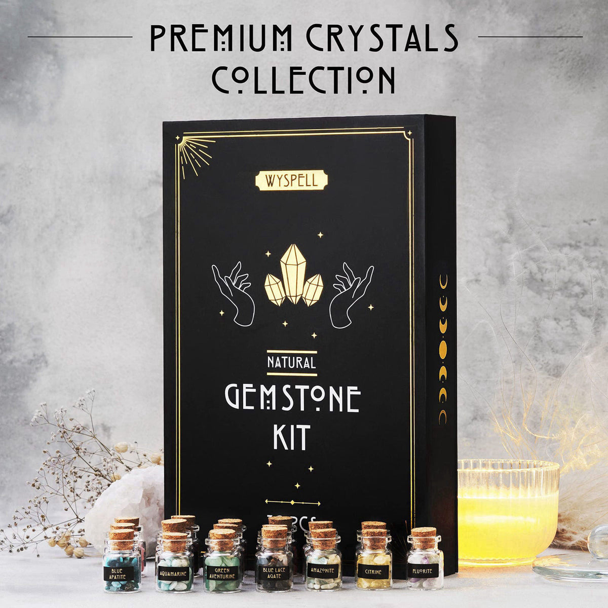 Wyspell Healing Сrystals in Spell Jars 30 PCS - Real Witchcraft Mini Gemstones – packaging and label