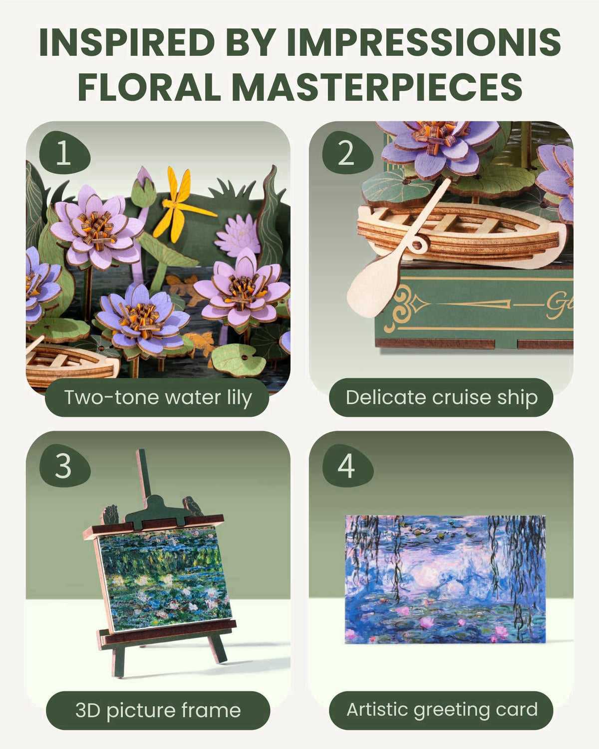 rowood Water Lily 3D Puzzle Building Set with LED,DIY Monet Wall Art Craft Kits for Adults,Home Decor Botanical Collecti