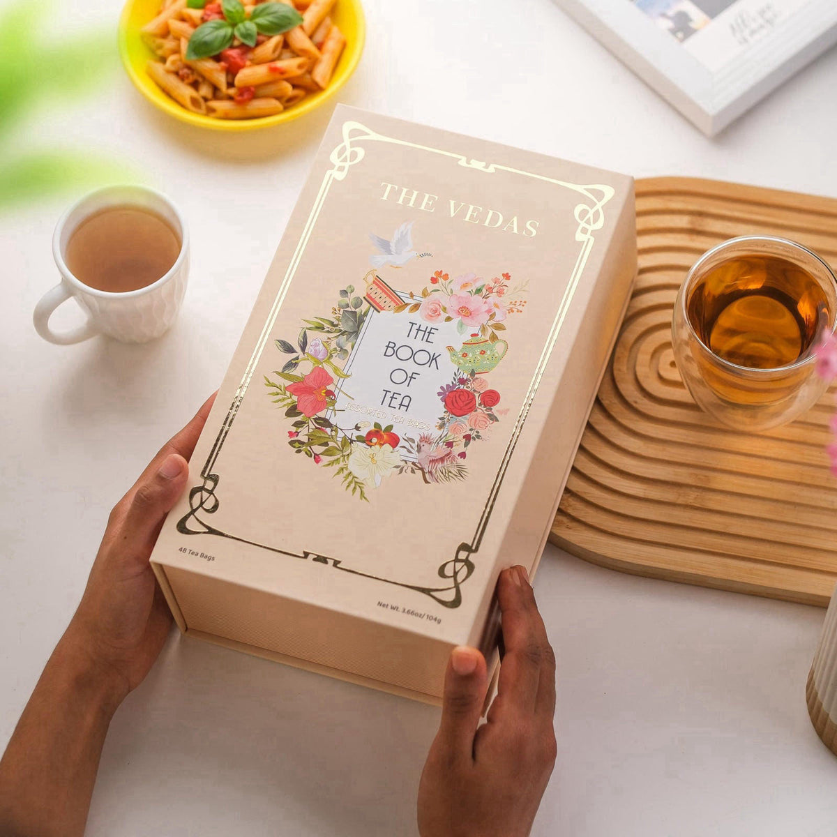The Vedas Book Of Tea | Assorted Tea Bags Gift Box | 12 Exotic Herbal Tea Blends In Handcrafted Cotton Tea Bags & Pyrami