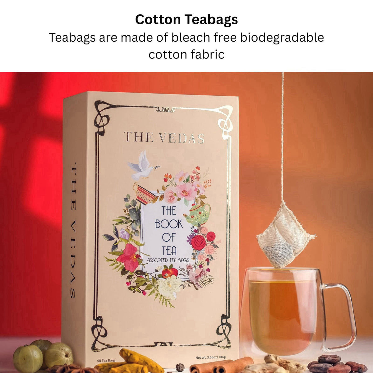 The Vedas Book Of Tea | Assorted Tea Bags Gift Box | 12 Exotic Herbal Tea Blends In Handcrafted Cotton Tea Bags & Pyrami