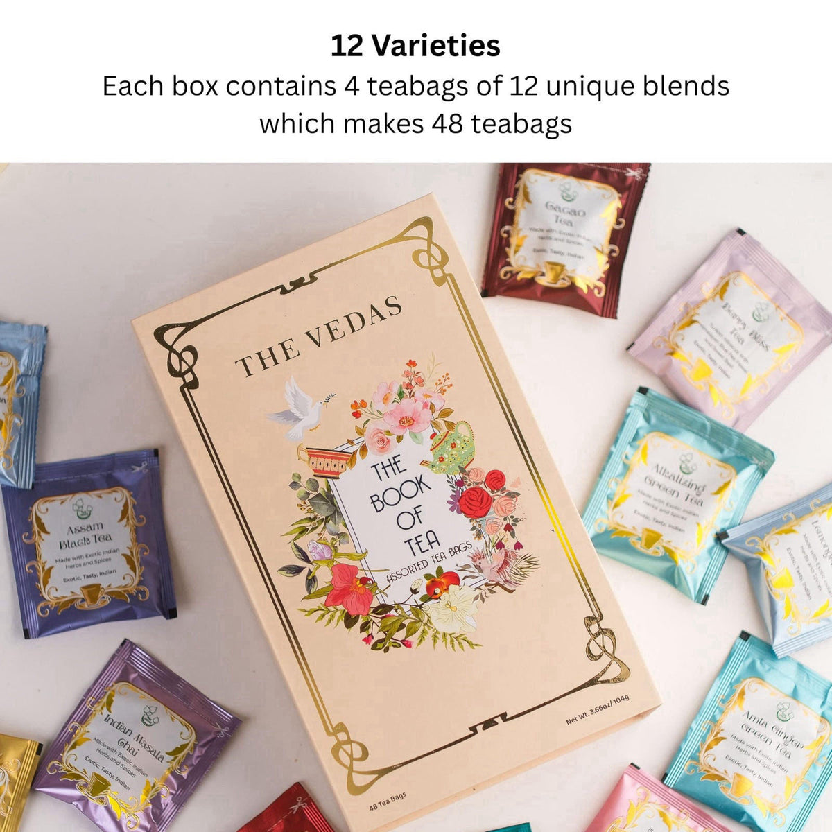 The Vedas Book Of Tea | Assorted Tea Bags Gift Box | 12 Exotic Herbal Tea Blends In Handcrafted Cotton Tea Bags & Pyrami