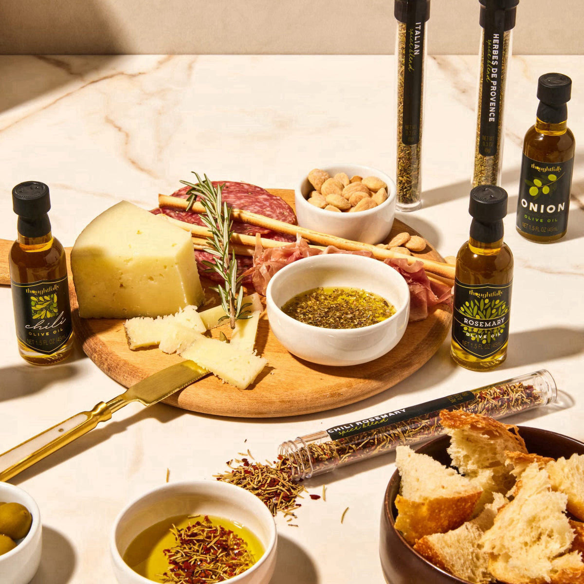 Thoughtfully Olive Oil Spice Infusion Gift Set, Cold Pressed Spanish Collection, Set of 7 – packaging and label