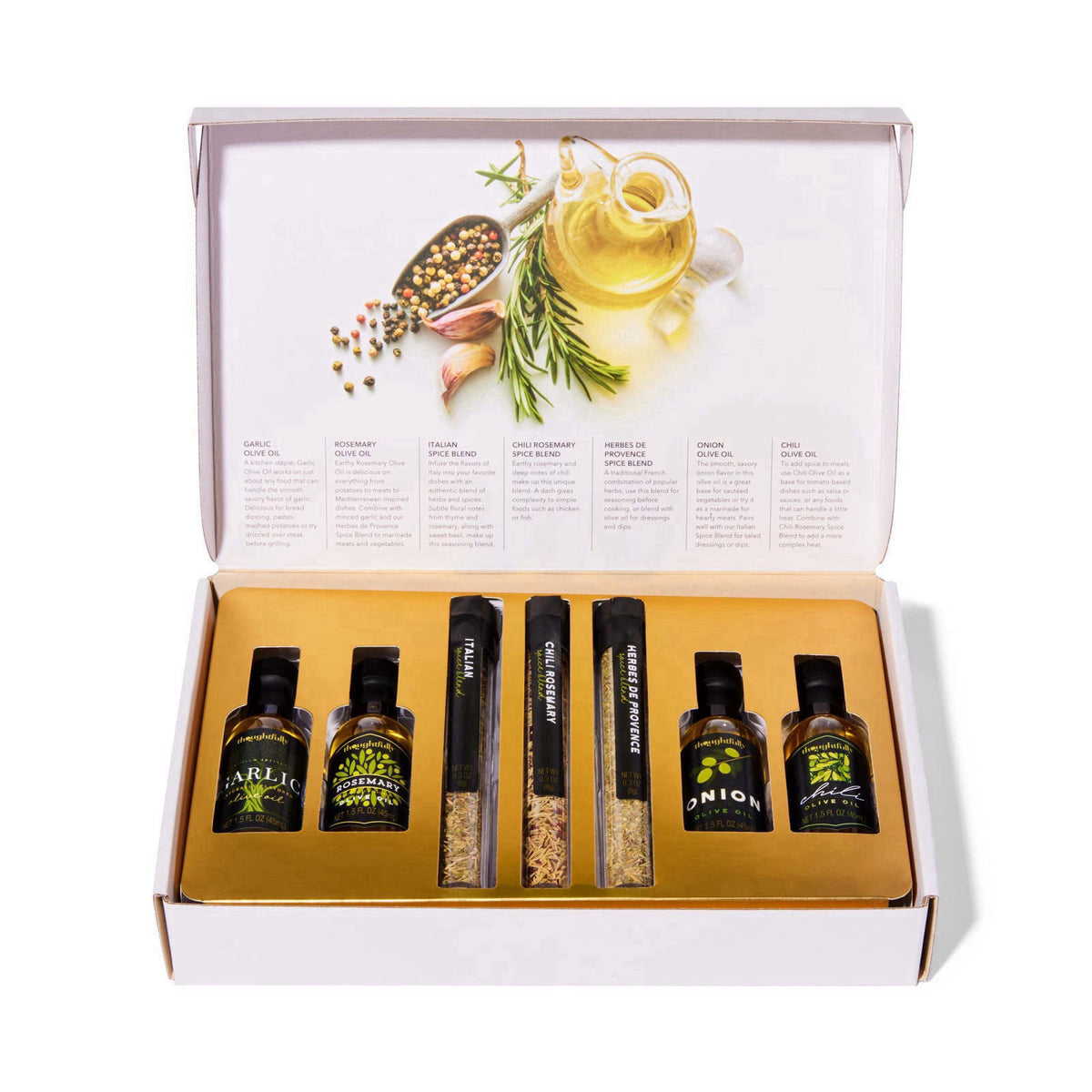 Thoughtfully Olive Oil Spice Infusion Gift Set, Cold Pressed Spanish Collection, Set of 7 – back view and specifications