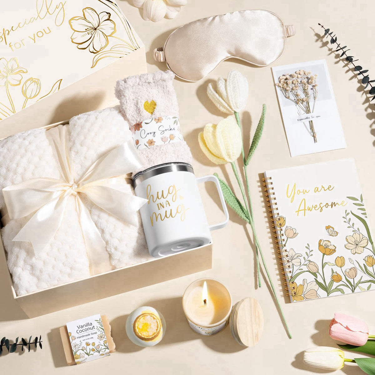 MAYICIVO Christmas Birthday Gifts for Women Self Care Package Get Well Gifts Baskets – close-up detail in Beige