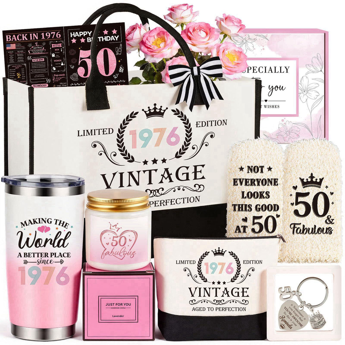 Giftota 50th Birthday Gifts for Her, Vintage 1976 Happy 50th Birthday Gifts Basket for Women Unique Gift Ideas for 50 Ye