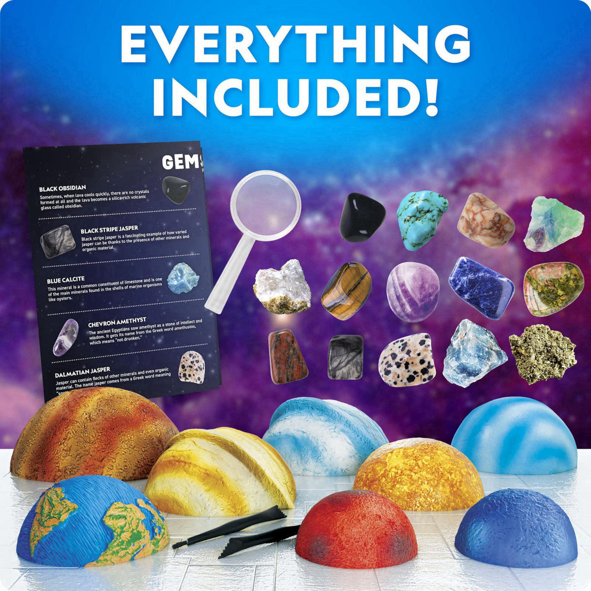 Blue Marble National Geographic Space Gemstone Dig Kit with 16 Real Specimens – back view and specifications