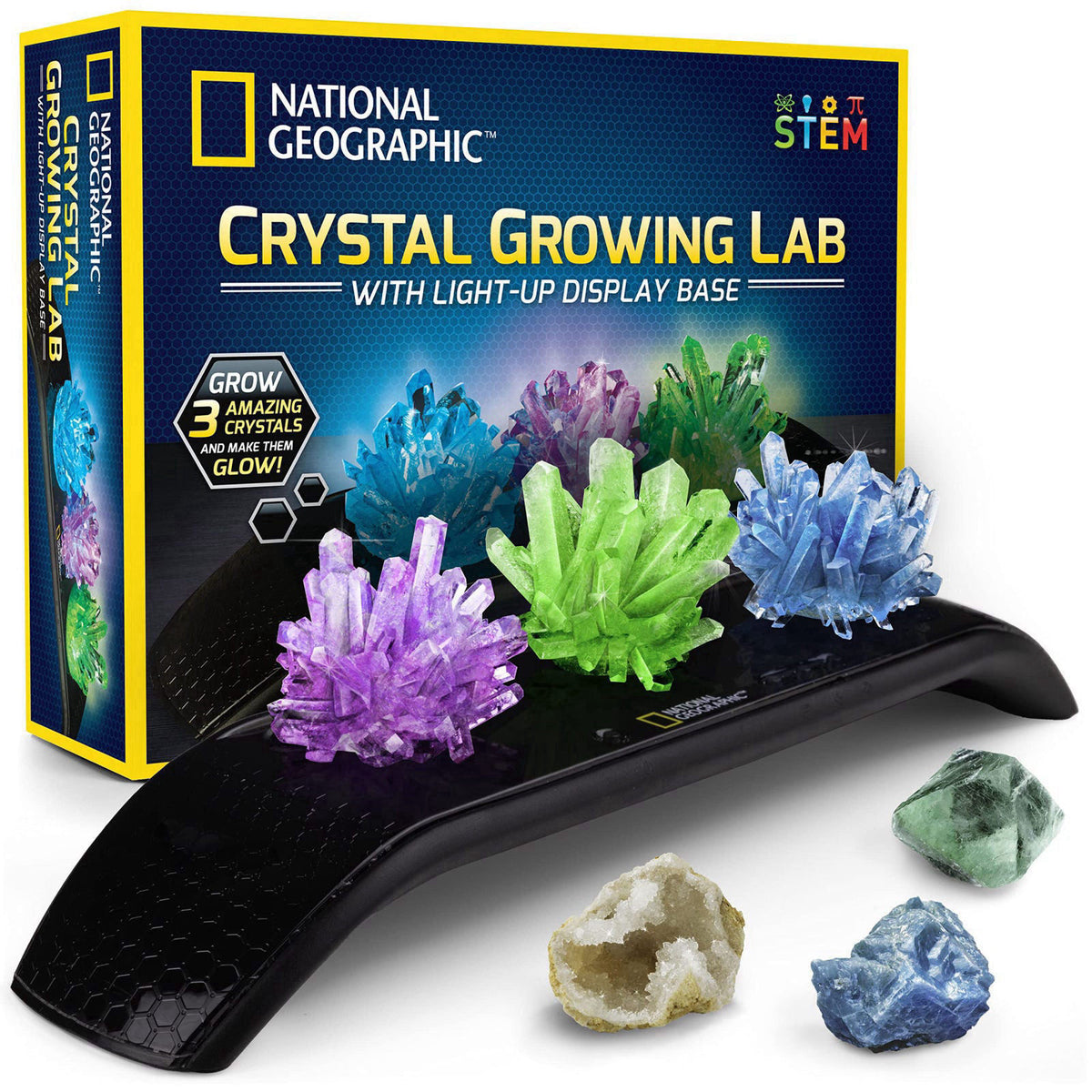 NATIONAL GEOGRAPHIC Crystal Growing Kit - 3 Vibrant Colored Crystals to Grow with Light-Up Display Stand, Science Toy fo