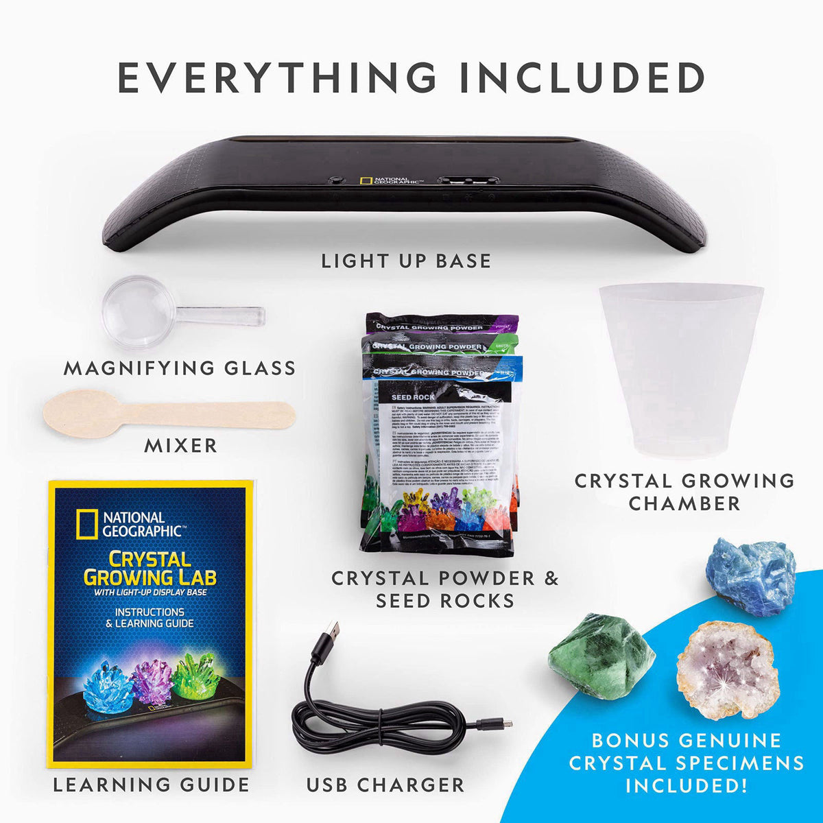 NATIONAL GEOGRAPHIC Crystal Growing Kit - 3 Vibrant Colored Crystals to Grow with Light-Up Display Stand, Science Toy fo