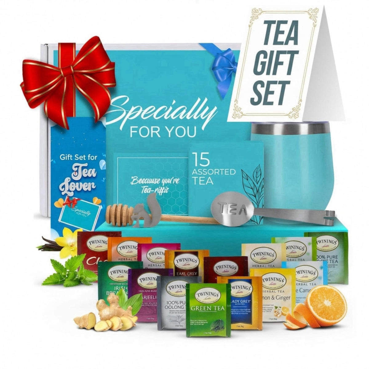 Modern Elegance Tea Tumbler Gift Set for Women, Teal – packaging and label