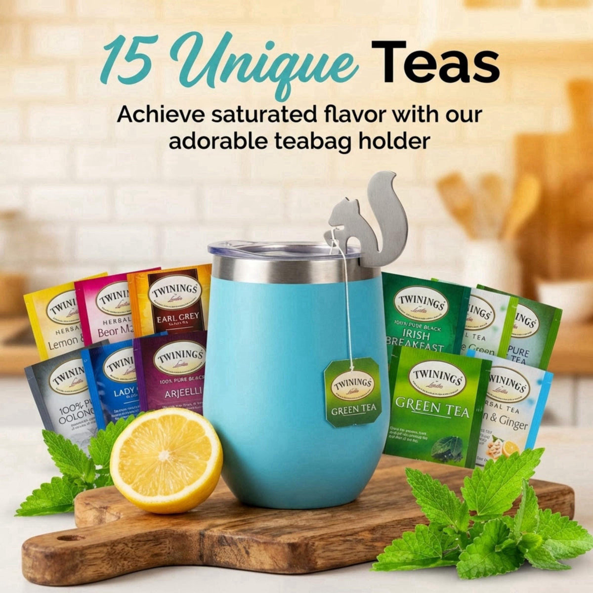 Modern Elegance Tea Tumbler Gift Set for Women, Teal – back view and specifications