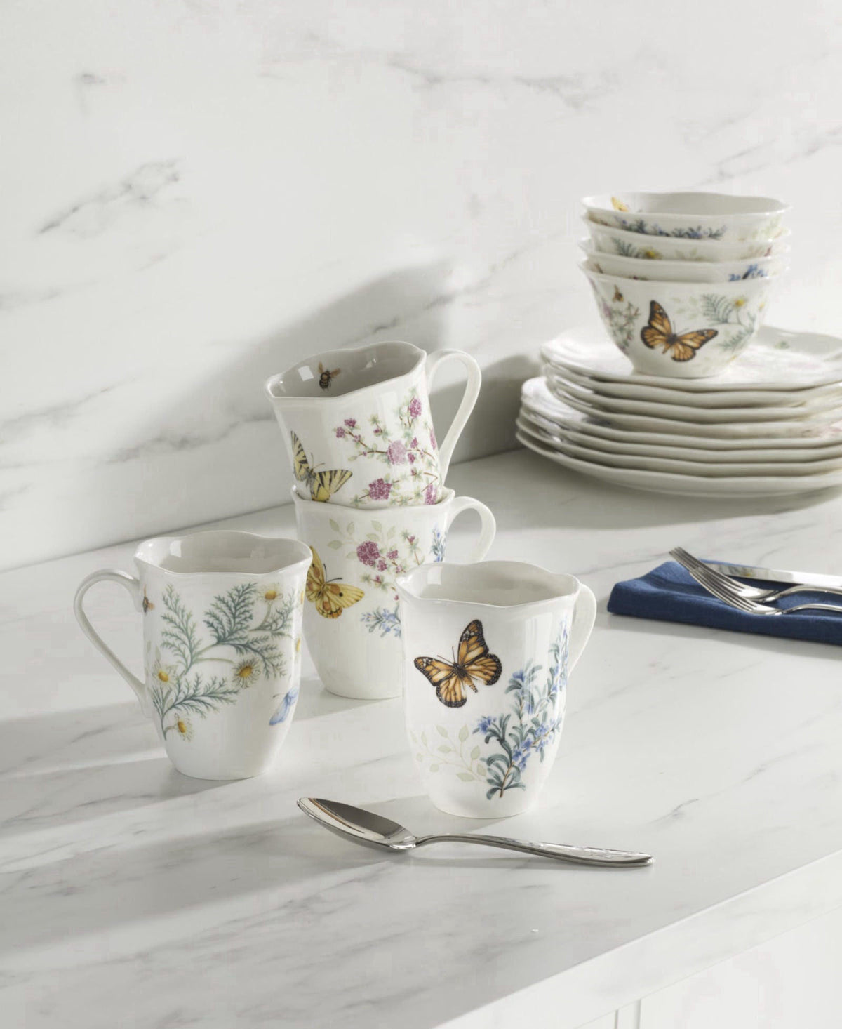 Lenox Butterfly Meadow Herbs Porcelain Mug Set for 4, 12oz – close-up detail in Multicolor