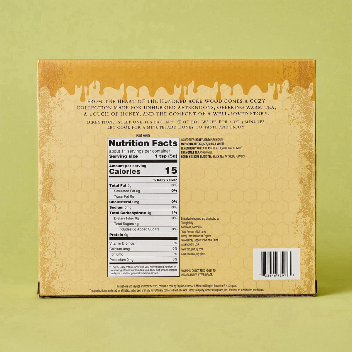 Thoughtfully Winnie-the-Pooh Tea & Honey Gift Set, 12 Tea Bags, 2 Honey Jars – close-up detail